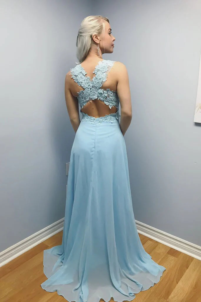 Prom Dresses Stores Elegant A-line Blue Chiffon Long Lace Appliques Prom Dress Formal Women's Dresses